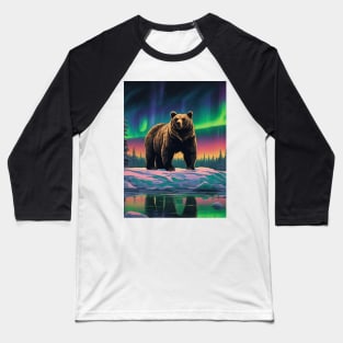 Brown Bear with Forest and Borealis, Colorful, Beautiful Baseball T-Shirt